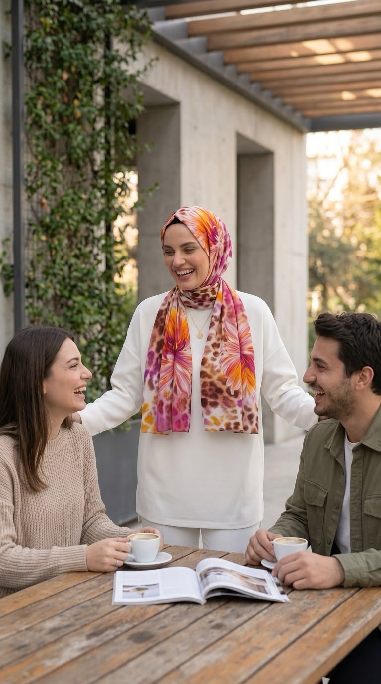 Pembe Turuncu Çiçek Desenli Viskon Saten Şal