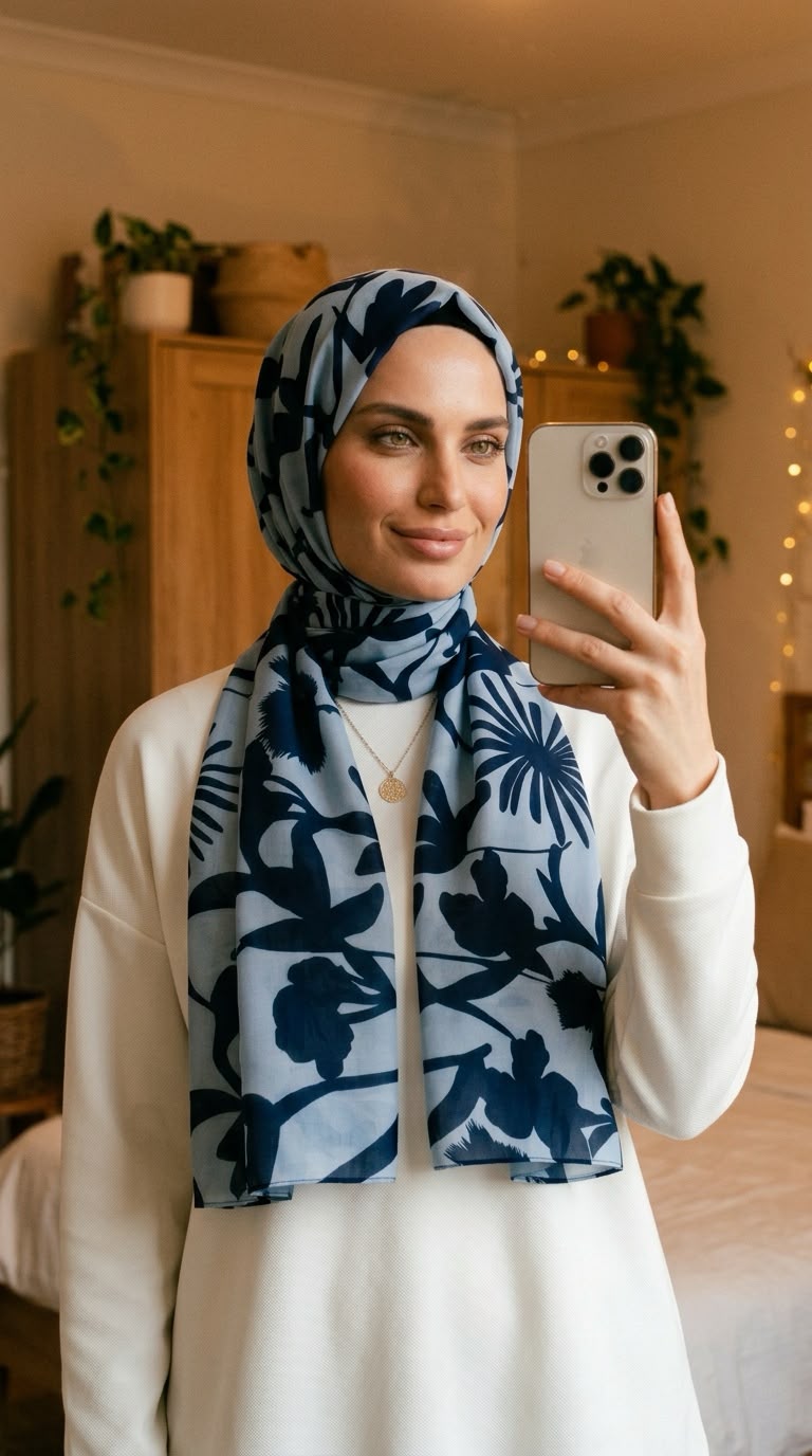 Lacivert Gri Çiçek Desenli Viskon Şifon Şal