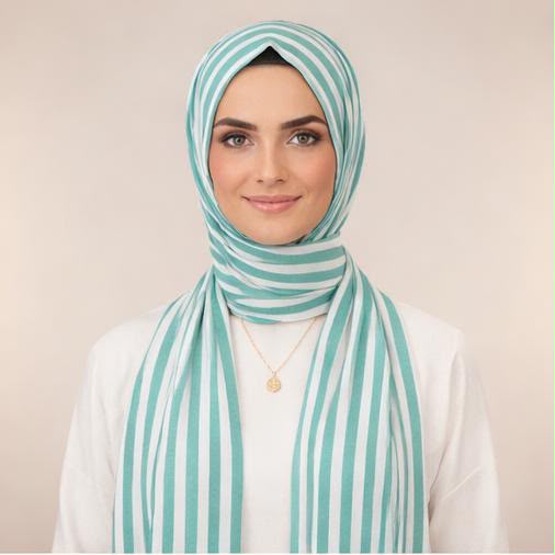 Mint Yeşili Beyaz Çizgili Viskon Pamuk Şal