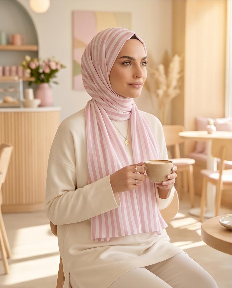 Pudra Pembe Beyaz Çizgili Viskon Pamuk Şal