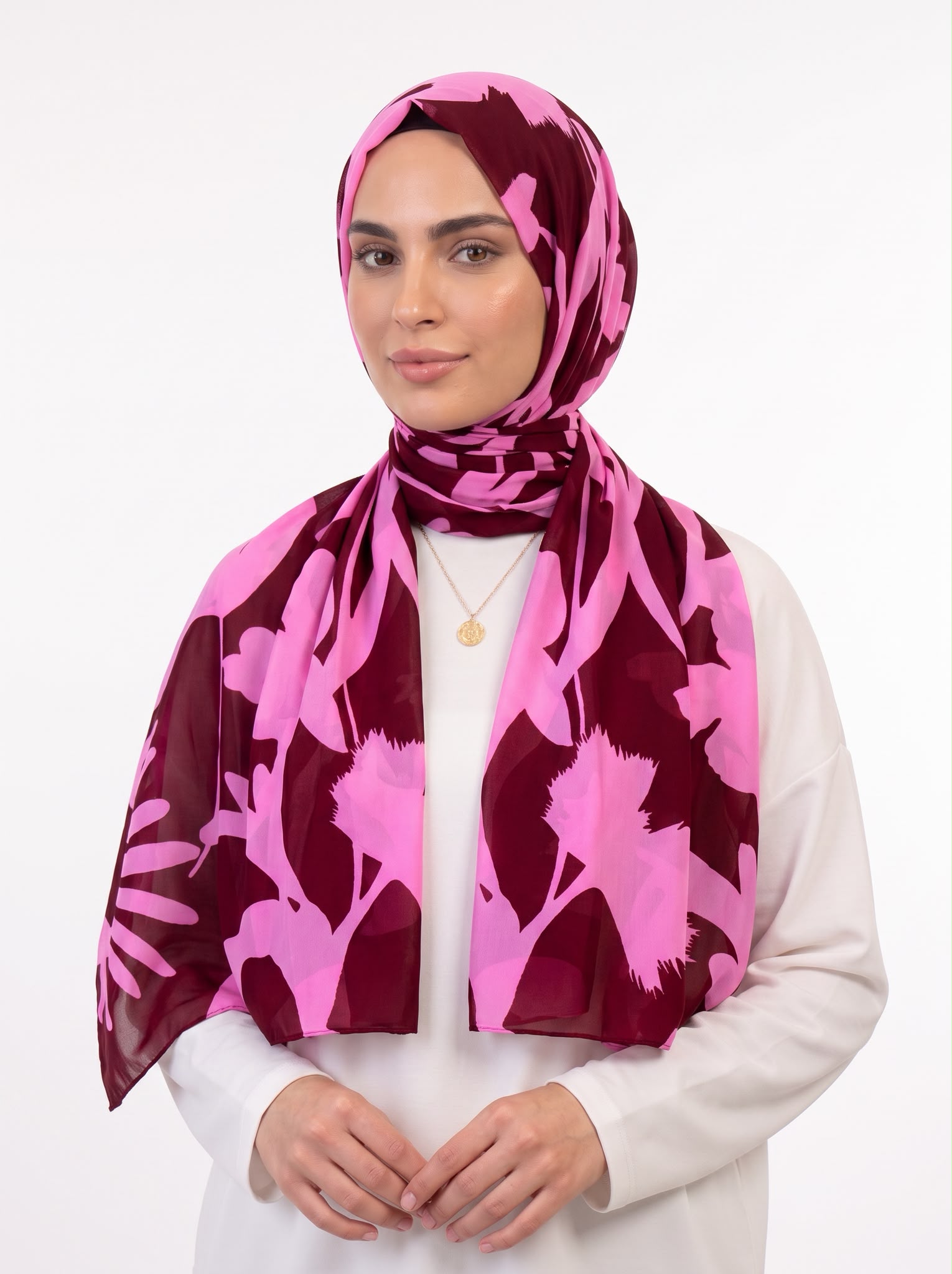 Pembe Bordo Yaprak Desenli Viskon Şifon Şal
