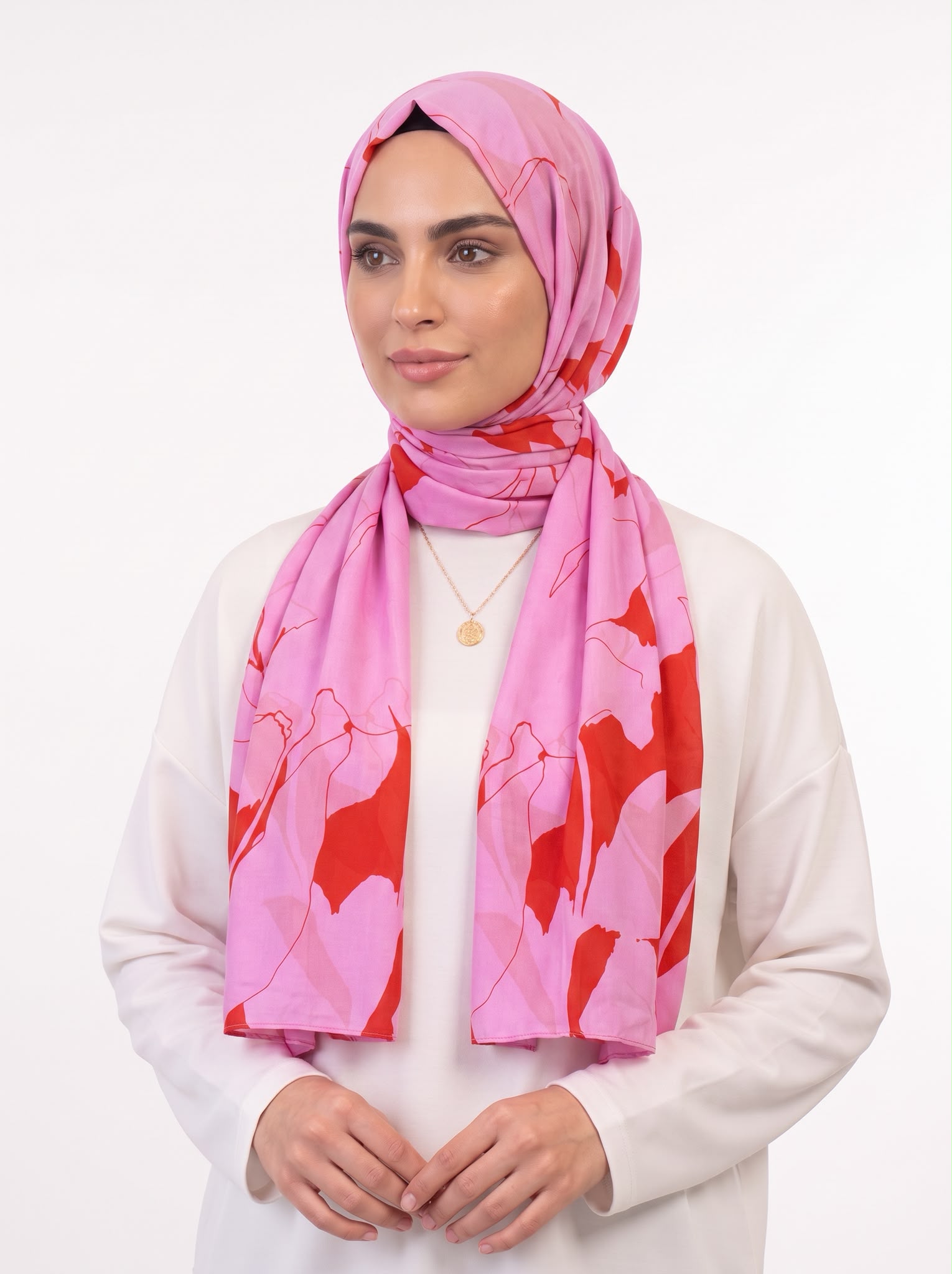 Pembe Kırmızı Soyut Desenli Viskon Şifon Şal
